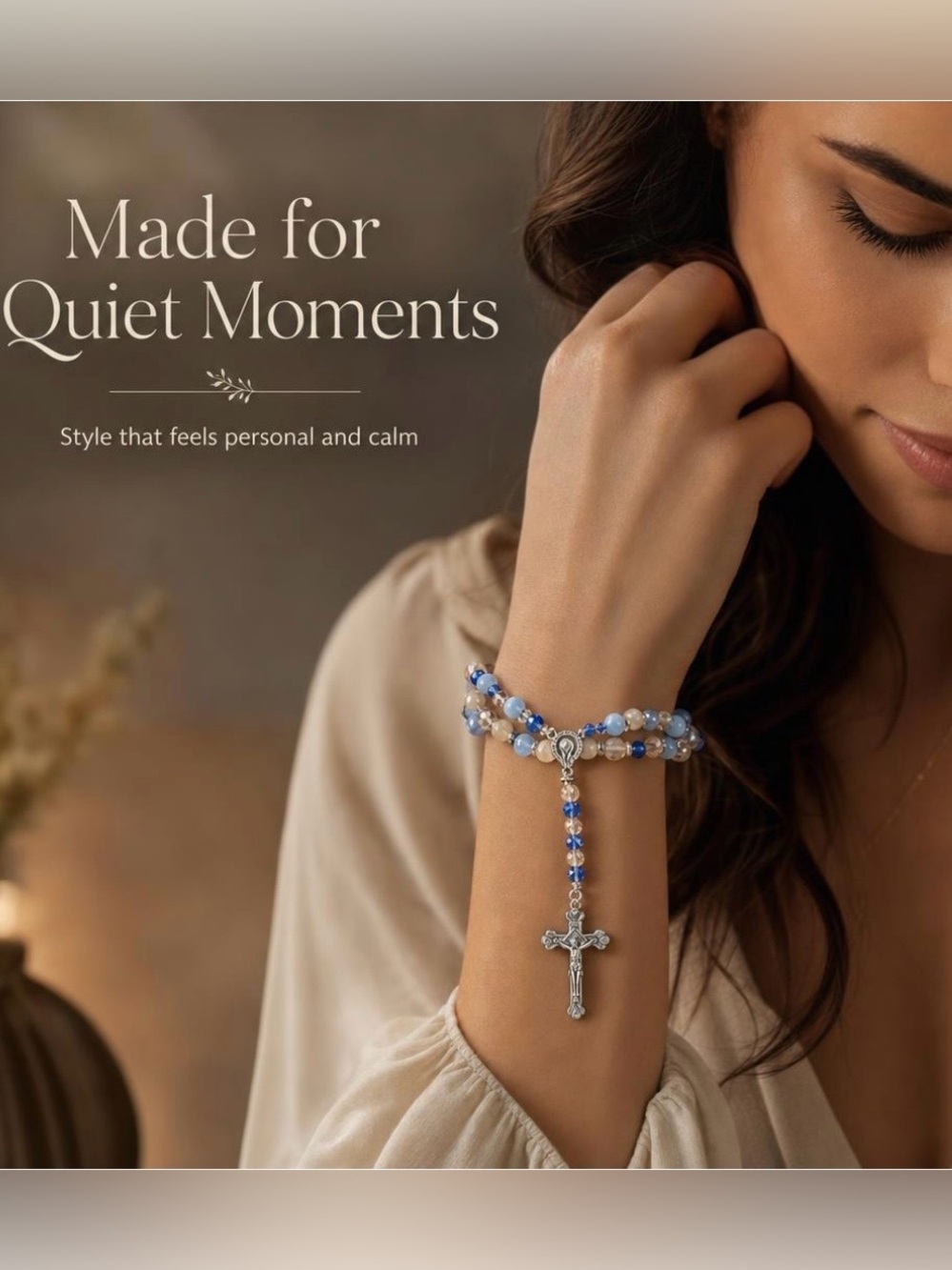 Handcrafted Blue and Cream Rosary Sacred Glow Rosary Bracelet